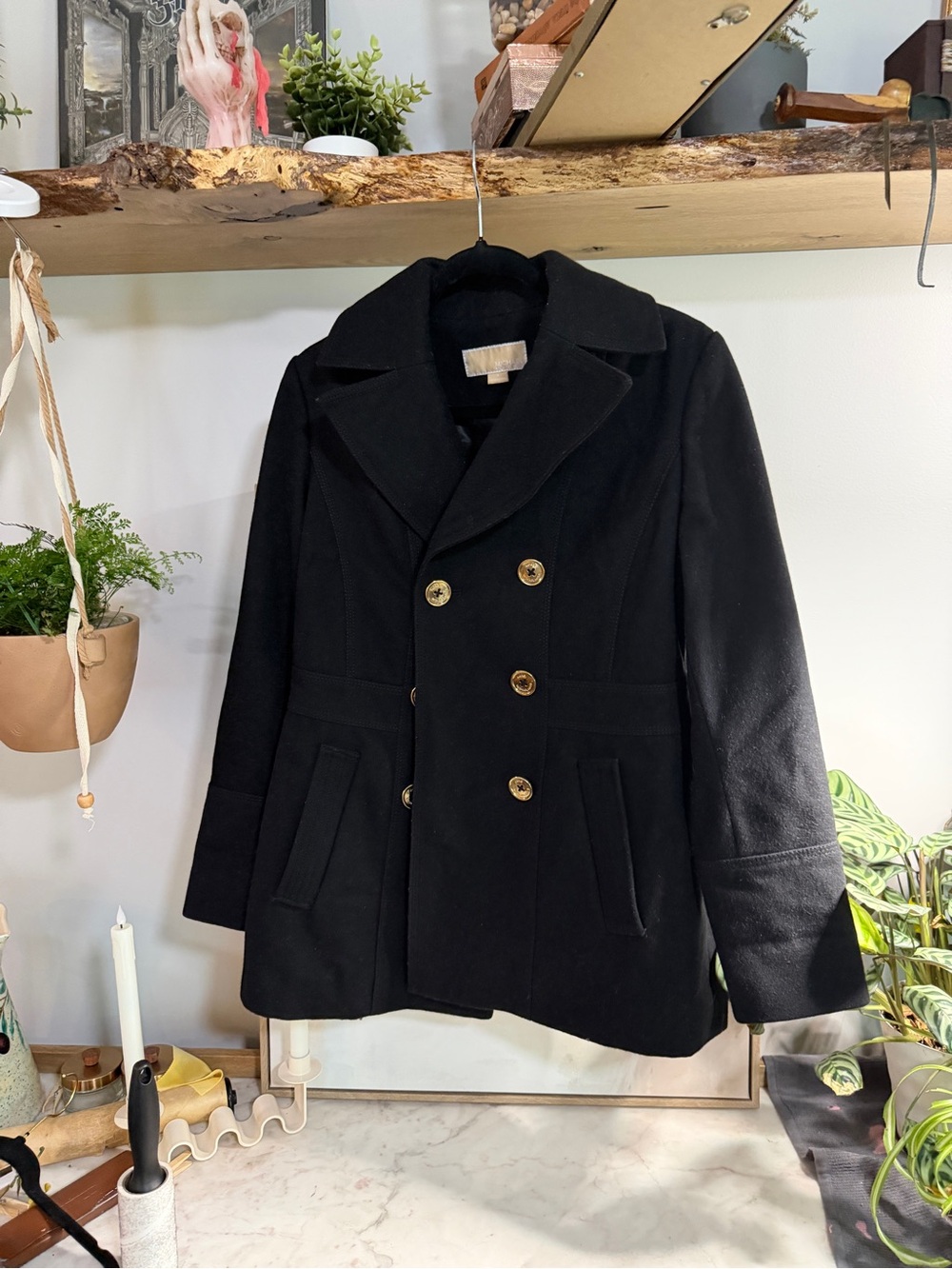 Michael Kors Black Double-Breasted Pea Coat with Gold Buttons